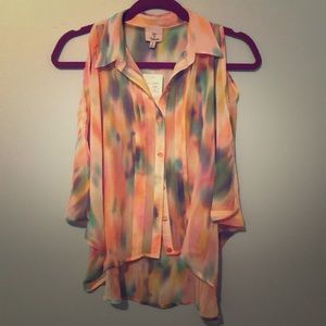 Rainbow Multi Color Button Up Cold Shoulder Blouse